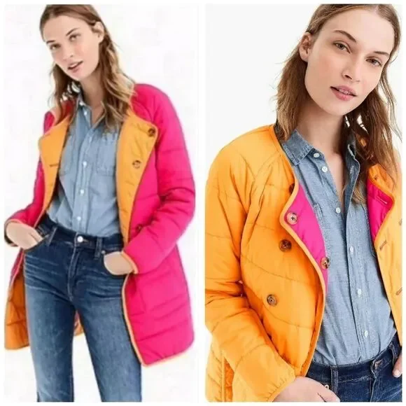 J. CREW “Fuschia Blossom” Reversible Collarless Puffer Jacket